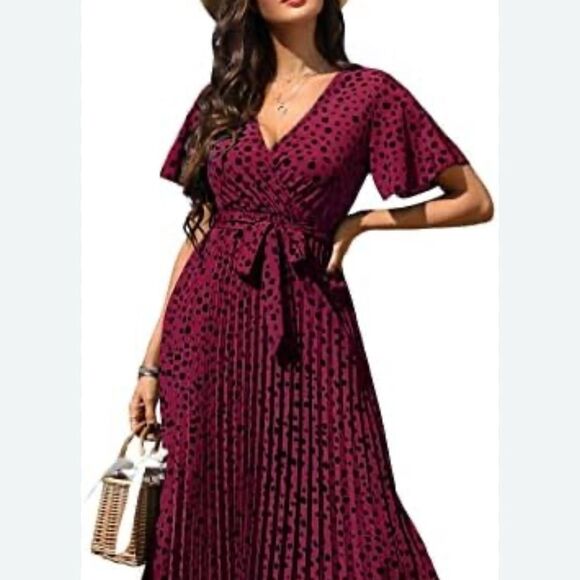 Dark Red Polka Dot Pleated Faux Wrap Dress Size L - Picture 1 of 13